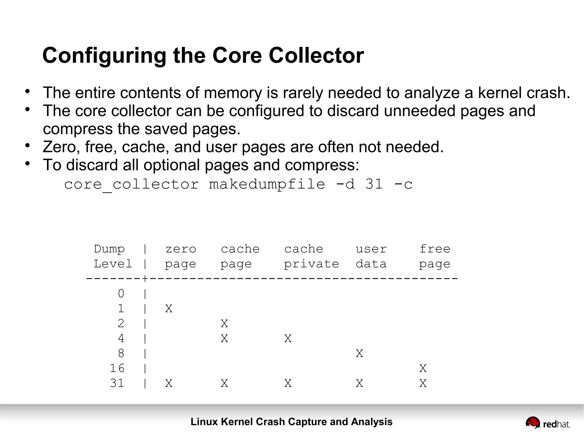 Linux Kernel Crash Capture and Analysis
Configuring the Core Collector
Dump | zero cache cache user free
Level | page page private data page
-------+---------------------------------------
0 |
1 | X
2 | X
4 | X X
8 | X
16 | X
31 | X X X X X

The entire contents of memory is rarely needed to analyze a kernel crash.

The core collector can be configured to discard unneeded pages and
compress the saved pages.

Zero, free, cache, and user pages are often not needed.

To discard all optional pages and compress:
core_collector makedumpfile -d 31 -c
 