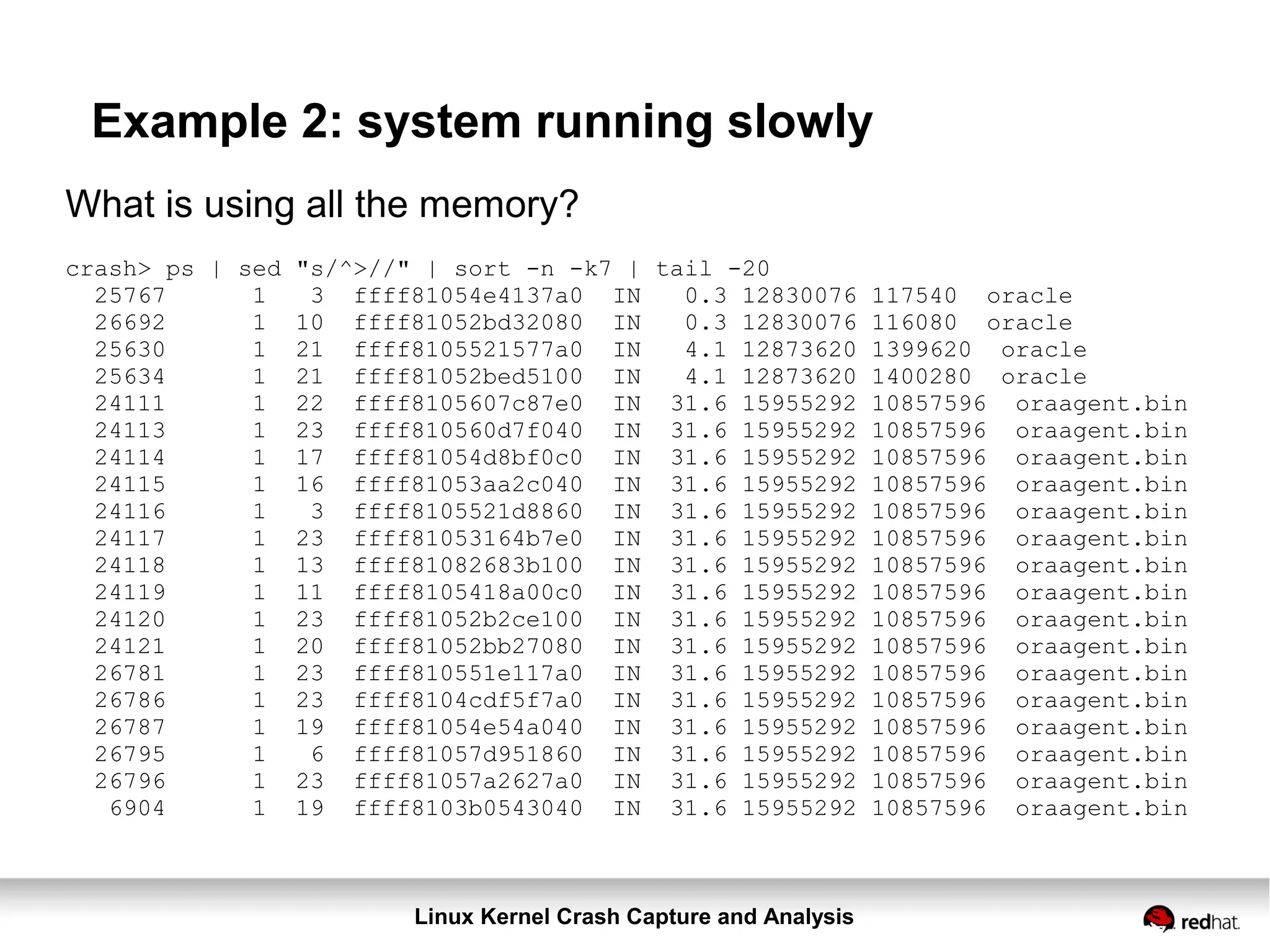 Linux Kernel Crash Capture and Analysis
Example 2: system running slowly
What is using all the memory?
crash> ps | sed "s/^>//" | sort -n -k7 | tail -20
25767 1 3 ffff81054e4137a0 IN 0.3 12830076 117540 oracle
26692 1 10 ffff81052bd32080 IN 0.3 12830076 116080 oracle
25630 1 21 ffff8105521577a0 IN 4.1 12873620 1399620 oracle
25634 1 21 ffff81052bed5100 IN 4.1 12873620 1400280 oracle
24111 1 22 ffff8105607c87e0 IN 31.6 15955292 10857596 oraagent.bin
24113 1 23 ffff810560d7f040 IN 31.6 15955292 10857596 oraagent.bin
24114 1 17 ffff81054d8bf0c0 IN 31.6 15955292 10857596 oraagent.bin
24115 1 16 ffff81053aa2c040 IN 31.6 15955292 10857596 oraagent.bin
24116 1 3 ffff8105521d8860 IN 31.6 15955292 10857596 oraagent.bin
24117 1 23 ffff81053164b7e0 IN 31.6 15955292 10857596 oraagent.bin
24118 1 13 ffff81082683b100 IN 31.6 15955292 10857596 oraagent.bin
24119 1 11 ffff8105418a00c0 IN 31.6 15955292 10857596 oraagent.bin
24120 1 23 ffff81052b2ce100 IN 31.6 15955292 10857596 oraagent.bin
24121 1 20 ffff81052bb27080 IN 31.6 15955292 10857596 oraagent.bin
26781 1 23 ffff810551e117a0 IN 31.6 15955292 10857596 oraagent.bin
26786 1 23 ffff8104cdf5f7a0 IN 31.6 15955292 10857596 oraagent.bin
26787 1 19 ffff81054e54a040 IN 31.6 15955292 10857596 oraagent.bin
26795 1 6 ffff81057d951860 IN 31.6 15955292 10857596 oraagent.bin
26796 1 23 ffff81057a2627a0 IN 31.6 15955292 10857596 oraagent.bin
6904 1 19 ffff8103b0543040 IN 31.6 15955292 10857596 oraagent.bin
 