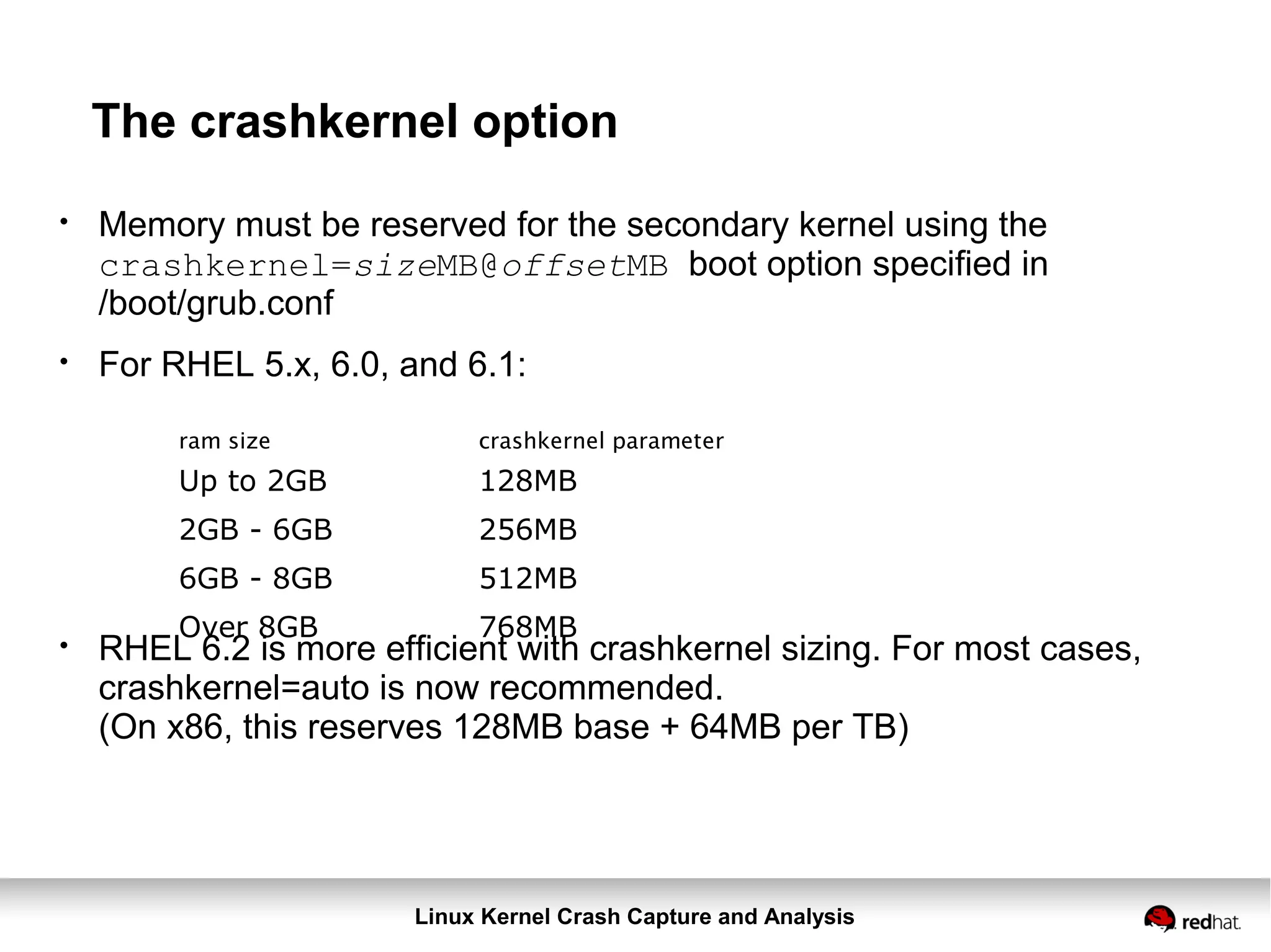 Linux Kernel Crash Capture and Analysis
The crashkernel option
ram size crashkernel parameter
Up to 2GB 128MB
2GB - 6GB 256MB
6GB - 8GB 512MB
Over 8GB 768MB
●
Memory must be reserved for the secondary kernel using the
crashkernel=sizeMB@offsetMB boot option specified in
/boot/grub.conf
●
For RHEL 5.x, 6.0, and 6.1:
●
RHEL 6.2 is more efficient with crashkernel sizing. For most cases,
crashkernel=auto is now recommended.
(On x86, this reserves 128MB base + 64MB per TB)
 