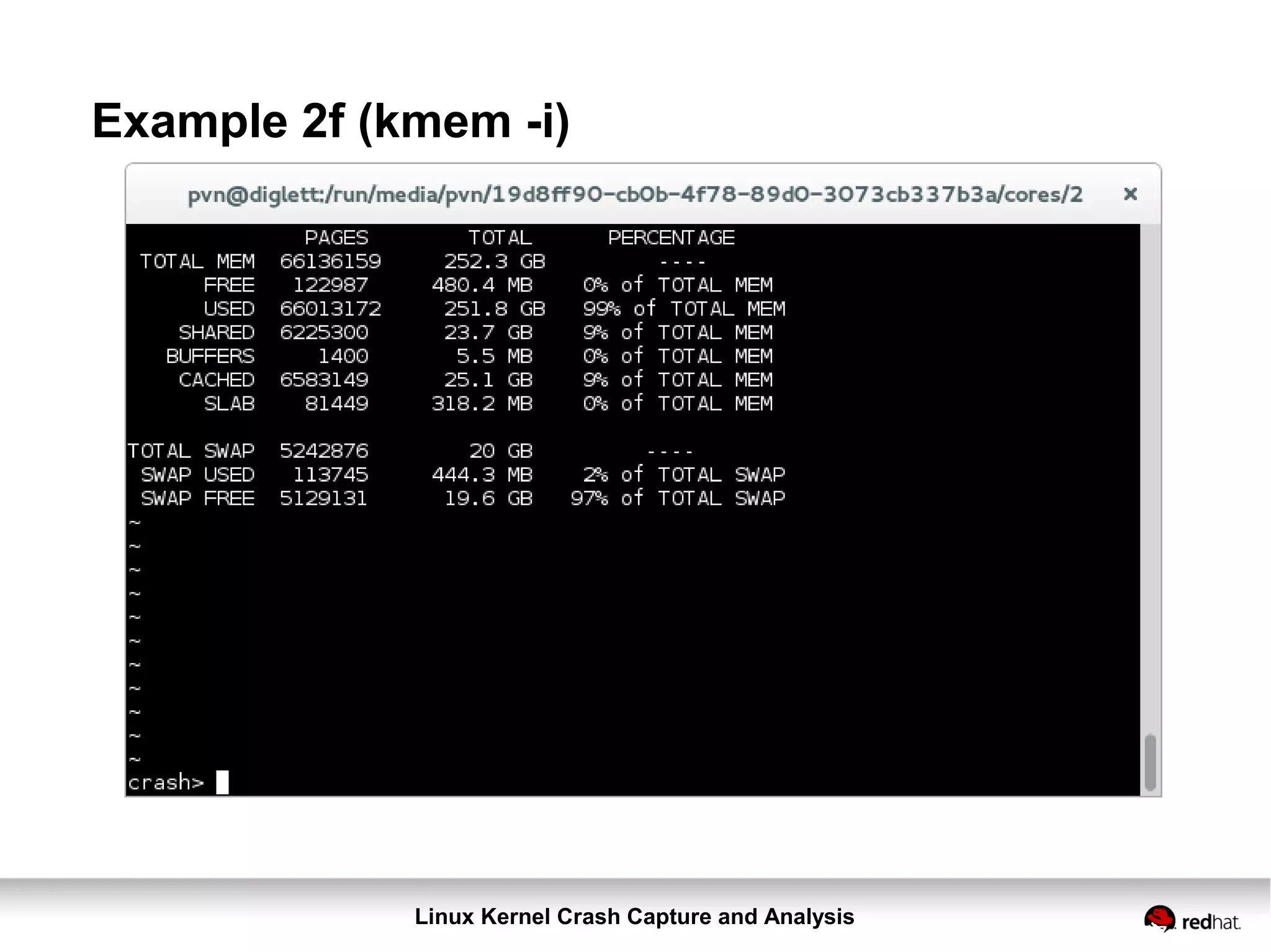 Linux Kernel Crash Capture and Analysis
Example 2f (kmem -i)
 