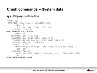 Linux Kernel Crash Capture and Analysis
Crash commands – System data
sys - Displays system data
crash> sys
DUMPFILE: /tmp/vmcore [PARTIAL DUMP]
CPUS: 2
DATE: Thu May 5 14:32:50 2011
UPTIME: 00:01:15
LOAD AVERAGE: 1.19, 0.34, 0.12
TASKS: 252
NODENAME: rhel6-desktop
RELEASE: 2.6.32-220.23.1.el6.x86_64
VERSION: #1 SMP Mon Oct 29 19:45:17 EDT 2012
MACHINE: x86_64 (3214 Mhz)
MEMORY: 2 GB
PANIC: "Oops: 0002 [#1] SMP " (check log for details)
PID: 6875
COMMAND: "bash"
TASK: ffff88007a3aaa70 [THREAD_INFO: ffff88005f0f4000]
CPU: 0
STATE: TASK_RUNNING (PANIC)
 