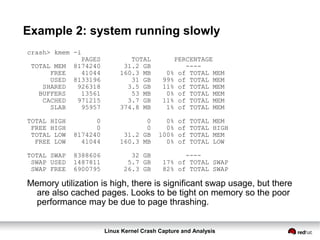 Linux Kernel Crash Capture and Analysis
Example 2: system running slowly
crash> kmem -i
PAGES TOTAL PERCENTAGE
TOTAL MEM 8174240 31.2 GB ----
FREE 41044 160.3 MB 0% of TOTAL MEM
USED 8133196 31 GB 99% of TOTAL MEM
SHARED 926318 3.5 GB 11% of TOTAL MEM
BUFFERS 13561 53 MB 0% of TOTAL MEM
CACHED 971215 3.7 GB 11% of TOTAL MEM
SLAB 95957 374.8 MB 1% of TOTAL MEM
TOTAL HIGH 0 0 0% of TOTAL MEM
FREE HIGH 0 0 0% of TOTAL HIGH
TOTAL LOW 8174240 31.2 GB 100% of TOTAL MEM
FREE LOW 41044 160.3 MB 0% of TOTAL LOW
TOTAL SWAP 8388606 32 GB ----
SWAP USED 1487811 5.7 GB 17% of TOTAL SWAP
SWAP FREE 6900795 26.3 GB 82% of TOTAL SWAP
Memory utilization is high, there is significant swap usage, but there
are also cached pages. Looks to be tight on memory so the poor
performance may be due to page thrashing.
 