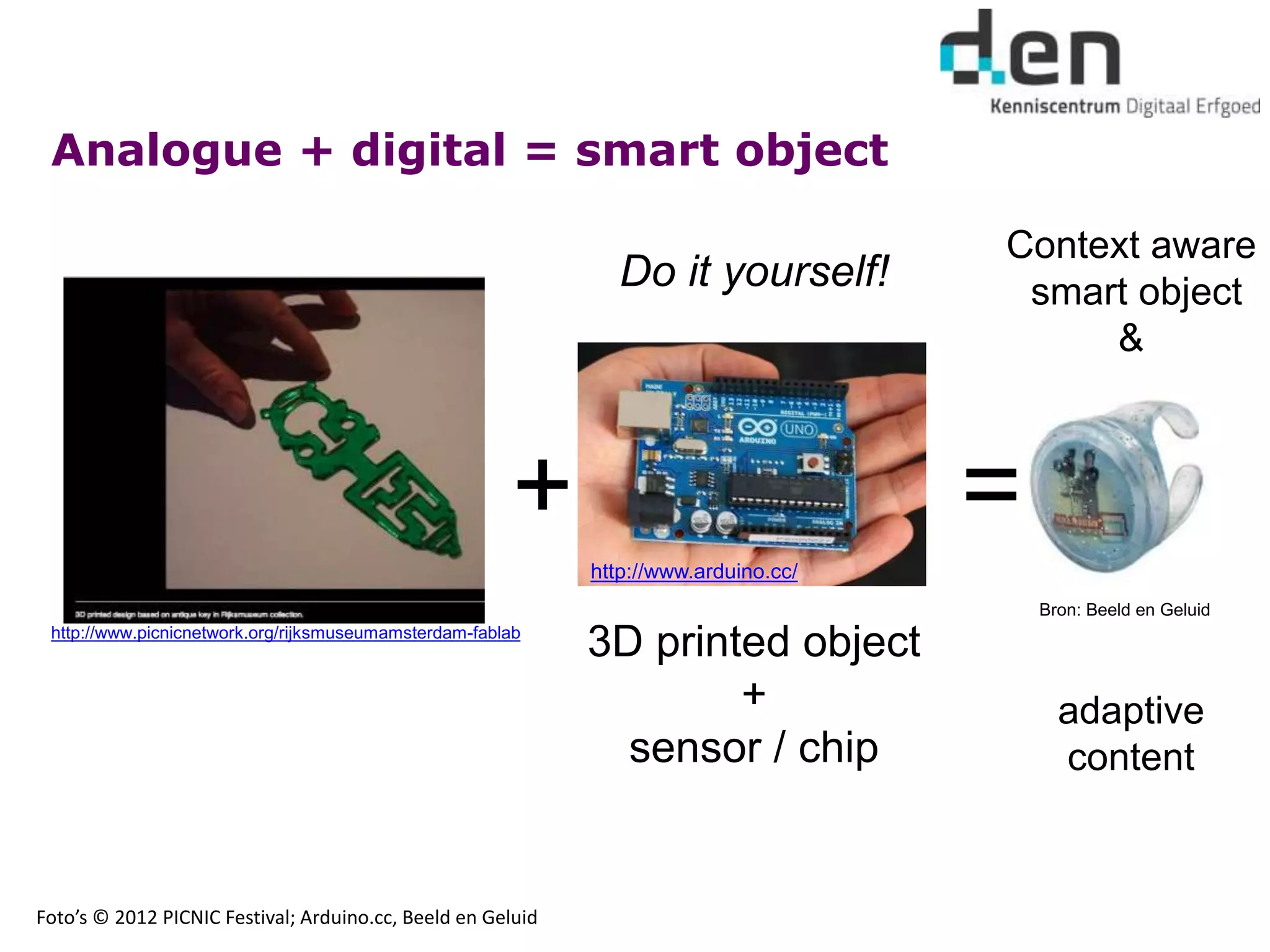 Analogue + digital = smart object
Do it yourself!
3D printed object
+
sensor / chip
http://www.picnicnetwork.org/rijksmuseumamsterdam-fablab
+
http://www.arduino.cc/
=
Bron: Beeld en Geluid
Foto’s © 2012 PICNIC Festival; Arduino.cc, Beeld en Geluid
Context aware
smart object
&
adaptive
content
 
