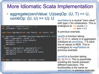 More Idiomatic Scala Implementation
● aggregate(zeroValue: U)(seqOp: (U, T) => U,
combOp: (U, U) => U): U zeroValue is a neutral "zero value"
with type U for initialization. This is
analogous to
in previous example.
var counts = 0
var sum = 0.0
seqOp is function taking
(U, T) => U, where U is aggregator
initialized as zeroValue. T is each
line of values in RDD. This is
analogous to mapPartition in
previous example.
combOp is function taking
(U, U) => U. This is essentially
combing the results between
different executors. The
functionality is the same as
reduce(func) in previous example.
 