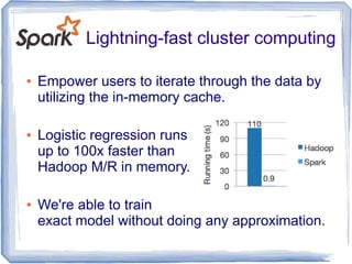 Lightning-fast cluster computing
● Empower users to iterate through the data by
utilizing the in-memory cache.
● Logistic regression runs
up to 100x faster than
Hadoop M/R in memory.
● We're able to train
exact model without doing any approximation.
 