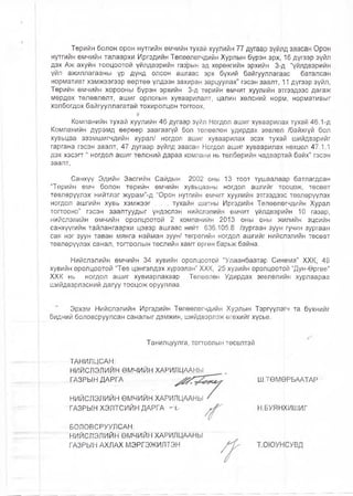 Төрийн болон орон нутгийн өмчийн тухай хуулийн 77 дугаар зүйлд заасан Орон
нутгийн өмчийн талаархи Иргэдийн Төлөөлөгчдийн Хурлын бүрэн эрх, 16 дүгээр зүйл
дэх Аж ахуйн тооцоотой үйлдвэрийн газрын эд хөрөнгийн эрхийн Знд “үйлДвэрийн
үйл ажиллагааны үр дүнд олсон ашгаас эрх бүхий байгууллагаас баталсан
нормативт хэмжээгаэр өөртөө үлдээн захиран зарцуулах” гэсэн заалт, 11 дүгээр зүйл,
Төрийн өмчийн хорооны бүрэн эрхийн 3-д төрийн өмчит хуулийн э[ггээдээс дагаж
мөрдөх төлөвлөлт, ашиг орлогын хуваарилалт, цалин хөлсний норм, нормативыг
холбогдох байгууллагатай тохиролцон тогтоох,
Компанийн тухай хуулийн 46 дугаар зүйл Ногдол ашиг хуваарилах тухай 46.1-д
Компанийн дүрэмд өөрөөр заагаагүй бол төлөөлөн удирдах зөвлөл /байхгүй бол
хувьцаа эзэмшигчдийн хурал/ ногдол ашиг хуваарилах эсэх тухай шийдвэрийг
гаргана гэсэн заалт, 47 дугаар зүйлд заасан Ногдол ашиг хуваарилах нөхцөл 47.1.1
дэх хэсэгт “ ногдол ашиг төлсний дараа компани нь төлбөрийн чадвартай байх” гэсэн
заалт,
Санхүү Эдийн Засгийн Сайдын 2002 оны 13 тоот тушаала^р батлагдсан
“Төрийн өмч болон төрийн өмчийн хувьцааны ногдол ашгийг тЬоцож, төсөвт
төвлөрүүлэх нийтлэг журам”-д “Орон нутгийн өмчит хуулийн этгээдээс төвлөрүүлэх
ногдол ашгийн хувь хэмжээг . . . тухайн шатны Иргадийн Төлөөлөгчдийн Хурал
тогтооно” гэсэн зааптуудыг үндэслэн нийслэлийн өмчит үйлдвэрийн 10 газар,
нийслэлийн өмчийн оролцоотой 2 компанийн 2013 оны оны жилийн эцсийн
санхүүгийн тайлангаархи цэвэр ашгаас нийт 636.105.8 /зургаан зуун гучин зургаан
сая нэг зуун таван мянга найман зуун/ төгрөгийн ногдол ашгийг нийслэлийн төсөвт
төвлөрүүлэх санал, тогтоолын төслийн хамт өргөн барьж байна.
. Нийслэлийн өмчийн 34 хувийн оролцоотой “Улаанбаатар СиНема” ХХК, 49
хувййн оролцоотой “Төв цэнгэлдэх хүрээлэн” ХХК, 25 хувийн оролцоотой “Дун-Өргөө”
ХХК нь ногдол ашиг хувиарлахаар Төлөөлөн Удирдах зөвлөли|йн хурлаараа
шийдвэрлэсний дагуу тооцож орууллаа.
Эрхэм Нийслэлийн Иргэдийн Төлөөлөгчдийн Хурлын Тэргүүлэгч та бүхнийг
бидний боловсруулсан саналыг дэмжин, шийдвэрлэж өгөхийг хүсьө.
Танилцуулга, тогтоолын төсөлтэй
ТАНИЛЦСАН:
НИЙСЛЭЛИЙН ӨМЧИЙН ХАРИЛЦААНЫ
ГАЗРЫНДАРГА Ш.ТӨМӨРБААТАР
НИЙСЛЭЛИЙН ӨМЧИЙН ХАРИЛЦААНЫ
ГАЗРЫН ХЭЛТСИЙН ДАРГА -Ь Н.БУЯНХИШИГ
БОЛОВСРУУЛСАН:
НИЙСЛЭШЙНӨМЧЙЙНХАР
ГАЗРЫН АХЛАХ МЭРГЭЖИЛТЭН
 