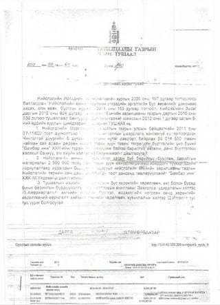 т ш ж ш я -ш т ы
ьт 'Шшкжж
20/3 А оны 0 2 ' саоын' & У эдц. ш Улаанбаатар хот;
'.цатг,снаас
Нийслэлийн Иргэдийн 7о;
батлагдсан '-"Нийслэлийн өмчиг .
хасах, олж .авах, бүртгэх журз'-
даргын 20'12 оны 924 дүгээр ,;т'
53'9 дү.гээр тушаалаар байгууях»;
НИЙ 'ӨДрИЙН ХурЛЫН ШИЙДВЗрИ1.::'
1. Нийслэлийн Мзргз.Ч1*:“
07-11/622 тоот дүгнэлтэзр ц *
Чингэлтэй дүүргийн 6 ДуГЗс-:-:
яайШ н сгя арван дөрвөн м:- ■
"Бамбар инж” ХХК-ийн түрээг
ха'сахыг'Санхүү, аж ахуйн Хэл^зо
2.. Нийслэлиф-) емчм!/;
материалыг 2 500 000 /хоер
гюр.иулалтаар худалдан б о и :/  ;'
Н.ийслэлийн төрийн сан дахь
-).ХК/М.Ундраа/-д-да<элгасуг^;-..
<3. Тушаалын |хэрзгж?---
бичиг §аримтын бүрдүүлэлтз ■. ■
/Б.Амаржаргал/-т, өмчийн н.
хөдөлгеөний өөрчлөлт хийхи:: г •'■•"
тус үүрэг болгосугай. .................
-ДАР Г/
рт
20
'Гчдмйн хурлын 2005 оны 197 дугаар тогтоолоор
йн этгээдийн эргэлтийн бус хөрөнгииг данснаас
11 .оны' '153 дугаа'р тОгтоол, Нийслэлийн Засаг
-V, Өмчийн.харилцааны газрын даргын 2010 оны
/ н о а г э э н м й комиссын 2|013 оны 1 дүгээр сарыН 9-
:эн ТУШААХ нь: , '■'
•чалтын газрын- 'у-лсын байцаагчийн 2011 оны
■№'г|'.гшлтын Тиаардлага |хангахгүй нь тогтоогдсон
"Ы нутаг|-дэвсгзрт байрл.ах -58 014 550 /тавин
г!н.;)уун тав1 1н/ төтрөщ|н;:л,бүртгэлийн| үнэ бүхий
■глиж байта:а-барилгыГ::актал>)<, данс бүртгэлээс
оуI)ч.имэг/-т дЗйлгасугай' •
=лг> хасаж; буй ба рилгы г:-убуул гаж..|--барил гын
н зуун ■
лсгыг нийслЭлййй" ӨШЙийн харилцашвгҮазрын
'#А тоот дансанд төвлөрүүлэхийт “Бамбар инж"
•!'•• 'гг-лйн бус^өрөнгийн хөдөлгөөн, акт болон бусад
- .т'1 т'тэвьж';ажиллахыг Захиргаа, удирдлагын хэлтэс
п ^үрггэл, мэдээллийн нэгдсэн санд хөрөнгийн
■ : • ! I^ лӨдөлтөён^•ХувьчлалЬ1 н хэлтэс /Д.Итгзл/-т тус
о*
.Ш,ТӨМӨР..БААТАР
Орлогын данскы-звдига' Зйр://119.40.100^08/е-герог1/Ь_гр!/Ь_й:
Т өсвийн жил;
Тайлант үе:
2014
5
Тврийнсав) Снстемийн огноо:
ОРЛОГЫН ДА Н С Н Ы ХУУЛГА
Огноо: 2014-04-29-20] 4-05-07
05/07/2014
ЕД^т бнчклт
хийсэн огноо
‘ Орлогьш № Код Т елөгч банкны дугаар Дун Гүйлгээнин утга
--------- -------- -------------- , ...... .............. -П------------ - . .... . ........ Т ^ гг: ■ ' " ■ Г ■'■ ' т‘ Т" . . . . • '
200051024 2014-04-29 - 2014-05-07
~Н1ш слзлтш емчппн '
харйздгазар
2024/05/05 .;; ЩТ0000000958273 14020 2720000641,,
-.2014/05/06 . В1Т0000000977148 ! .-Д4020 :211Е000004 Ю Х Й Г ^ Й Н ,аААГШ 1Ь'^ Х Ж Т Э С
ГНпЙГдун ......... ** ..................... ............
6.124.187.00 •
ш е -с х у у ч и н Б А Р Й д а |
......С ^ Г - ^ Ж М ^ ;НУРААСНЬ1 ОРЛОГО 99017441 : ...Щ
3.624.187.00 НДСвкгаас тэхгэмжНДСангаас тэзтэмж ,с •.•:
6Д24Д87.00
 