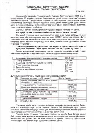 “ЗОРИУЛАЛТЫН ДУГУЙ ТҮГЖИГЧ АШИГЛАХ”
ЖУРМЫН ТӨСЛИЙН ТАНИЛЦУУЛГА
2014.06.02
Нийслэлийн Иргэдийн Төлөөлөгчдийн Хурлын Тэргүүлэгчдийн 2014 оны 5
дУгаар сарын 20 өдрийн хурлаар “Зориулалтын дугуй түгжигч ашиглах” журмын
төсөл хэлэлцүүлсэн. Тэргүүлэгчдээс журмын төслийг зарчмын хувьд дэмжиж, зарим
өөрчлөлтүүд, холбргдох тооцоо судалгааг хийж дахин хэлэлцүүлэх үүрэг өгсний
дагуу өнгөрсөн хугацаанд хийсэн нэмэлт өөрчлөлт эдийн засгийн тооцоо судалгаа,
з^раг схем хийж танилцуулж байна.
Зарчмын асүулт, саналуудтай холбогдуулан дараах тайлбар өгч баина.
1. Нэг дугуй түгжих зардлын нарийвчилсан тооцоо хэрхэн гарсан?
Нэг дугуй түгжихэд гарах цалин,шимтгэл, хоол унаа түлш шатахүун.тослох
материал зэрэг үйл ажиллагааны зардлын дүнГ 15881,2 төгрөг гэж тооцов. Дугуй
түгжигчийг ашиглаж эхлэх болон үйл ажиллагаанд шаардргдах зардлыг хавсралт 1
б^йдлаар эдийн засгийн тооцоо судалгааг хийж, үйлчилфэний хураамжийг 20.000
төгрөгөөр тооцоолсон.
2. Замын хөдӨлгөөний удирдлагын төв өөрөө энэ үйл ажиллагааг эрхлэн
гүйцэтгэх хэрэгтэй? Гарах эдийн засгийн тооцоо, зардал юу байна?
Замын хөдөлгөөний удирдлагын төв нь тээврийн хэрэгслийн ду!уйг түгжих
ажиллагааг өөрөө хэрэгжүүлэхэд гарах хөрөнгө сруулалтын анхны өртөг н|ь:
1. Автомашин техник хэрэгсэл худалдаж авахад_____ 335,6 сая
2. Татвар даатгалд 7,5 сая
3. Хөдөлмөр хамгааллын хувцас хэрэгсэлд 0,89 сая
4. Түлш тослох материалд 2,9 сая
5. Гражийн түрээс 3,0 сая
6. Удирдлага.холбооны зардалд 2,2 сая
7. Дүн 352,1 сая
ДУгуй түгжих ажиллагааны явцад гарах урсгал засварын өртөг:
№ Зардлын үзүүлэлтүүд / 7 сараар/ Өртөг /төгрөг/
1 Цалин нийгмийн даатгал, хоол унааны
хөнгөлөлт/11 ажилтан/
54.900.000
2 Түлш, шатахуун, тослох материал 20,396,000
Хөдөлмөр хамгааллын хувцас хэрэтэл 897.000
4 Татвар, даатгал, оношлогоонд 7.513,100
5 Автомашин, дугуй түгжигч, гар каМер,
компьютер, диск, мемори, гар утас
58,948,800
6 Гражын түрээс 21,000,000
7 Удирдфага холбооны зардал 15,350,200
8 Зардлын дүн 179,005,100
Улс орны эдийн засаг хүндрэлтэй байгаа одоогийн нөхцөлд шинээр бүтэц,
орон тоо нэмэгдүулэхгүй, улсын төсвийн зарлага бий болгохгүйн тулд хувийн
хэвшлийн байгууллагаар дугуй түгжих үйл ажиллагааг гүйцэтгүүлж, төсөвт оруулсан
гүйцэтгэлээр санхүүжүүлж ажиллах нь оновчтрй байх болно.
Төрийн ажлыг бусдаар гүйцэтгүүлж райгаа нь эхнийх биш бөгөөд манай
байгууллага ачиж журамласан машины нэгдсэн мэдээллийн сан, лавлах уйлчилгээ,
мөдээллийг гар утсанд мессэж өгөх үйлчилгээг хувийн хэвшлээр гүйцэтгүүлж,
төсвийн орон тоо, зарлагыг эрс бууруулан ажиллаж байна.
 