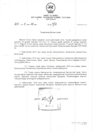 ниислэлиин
ИРГЭДИЙН ТӨЛӨӨЛӨГЧДИЙН ХУРЛЫН
тогтоол
& Р 1 ? ) оны Л _ сарын М . өдер ДугааЬ ш
Төлөвлөгөө оатлах тухай
Монгол Улсын Засаг захиргаа, нутаг дэвсгэрийн нэгж, түүний удирдлагын тухай
хуулийн 18 дугаар зүйлийн 18.1.2-ын “з", Газрын тухай хуулийн 21 дүгээр зүйлийн
21.1.1, Монгол Улсын иргэнд газар өмчлүүлэх тухай хуулийн 11 дүгээр зүйлийн 11.1.2
дахь хэсгийгтус тус үндэслэн Нийслэлийн Иргэдийн Төлөөлөгчдийн Хурлаас ТОГТООХ
Улаанбаатар хот
1. Нийслэлийн 2014 оны газар зохион байгуулалтын төлөвлөгөөг
баталсугай.
2. Нийслэлийн 2014 оны газар зохион байгуулалтын төлөвлөгөө
холбогдуулан Нийслэлийн Засаг дарга бөгөөд Улаанбаатар хотын
Үүл/-д ДААЛГАХ нь:
батлагдсантай
лрагч /Э.Бат-За»
2.1. Газрын тухай хууль тогтоюмж, нийслэлийн 2014 оны
байгуулалтын төлөвлөгөөг хэрэгжүүлэх ажпшг зохион байгуулах;
2.2. Газар зохион байгуулалтьн төлөвлөгөөний биелэлтийг хагас, б
жилээр гарган хэрэгжилтийн явцыг тайлагнарс, шаардлагатай тохиолдолд төлөвлөгөөнд
нэмэлт, өөрчлөлт оруулах саналаа Нийслэлийн Иргэдийн Төлөөлөгчдийн Хурлын
Тэргүүлэгчдэд танилцуулж шийдвэрлүүлэх;
3. Нийслэлийн 2014 оны газар зохион байгуулалтын төлөвлөгёөнд нэмэлт,
өөрчлөлт оруулж байхыг Нийслэлийн Иргэдийн Төлөөлөгчдийн Хурлын '(эргүүлэгчдэд
даалгасугай.
хавсралтаар
газар зохион
 