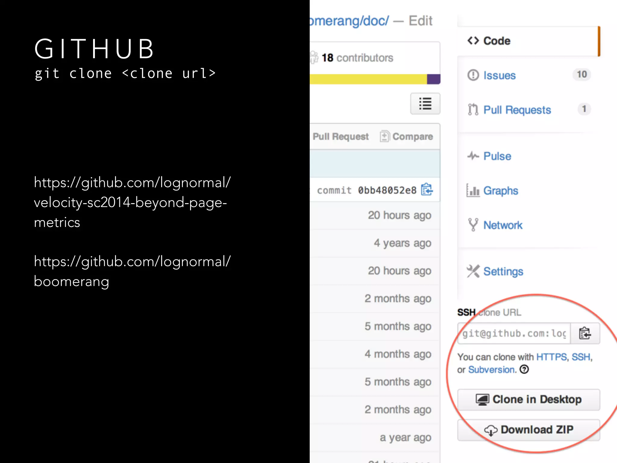 G I T H U B
https://github.com/lognormal/
velocity-sc2014-beyond-page-
metrics
https://github.com/lognormal/
boomerang
git clone <clone url>
 