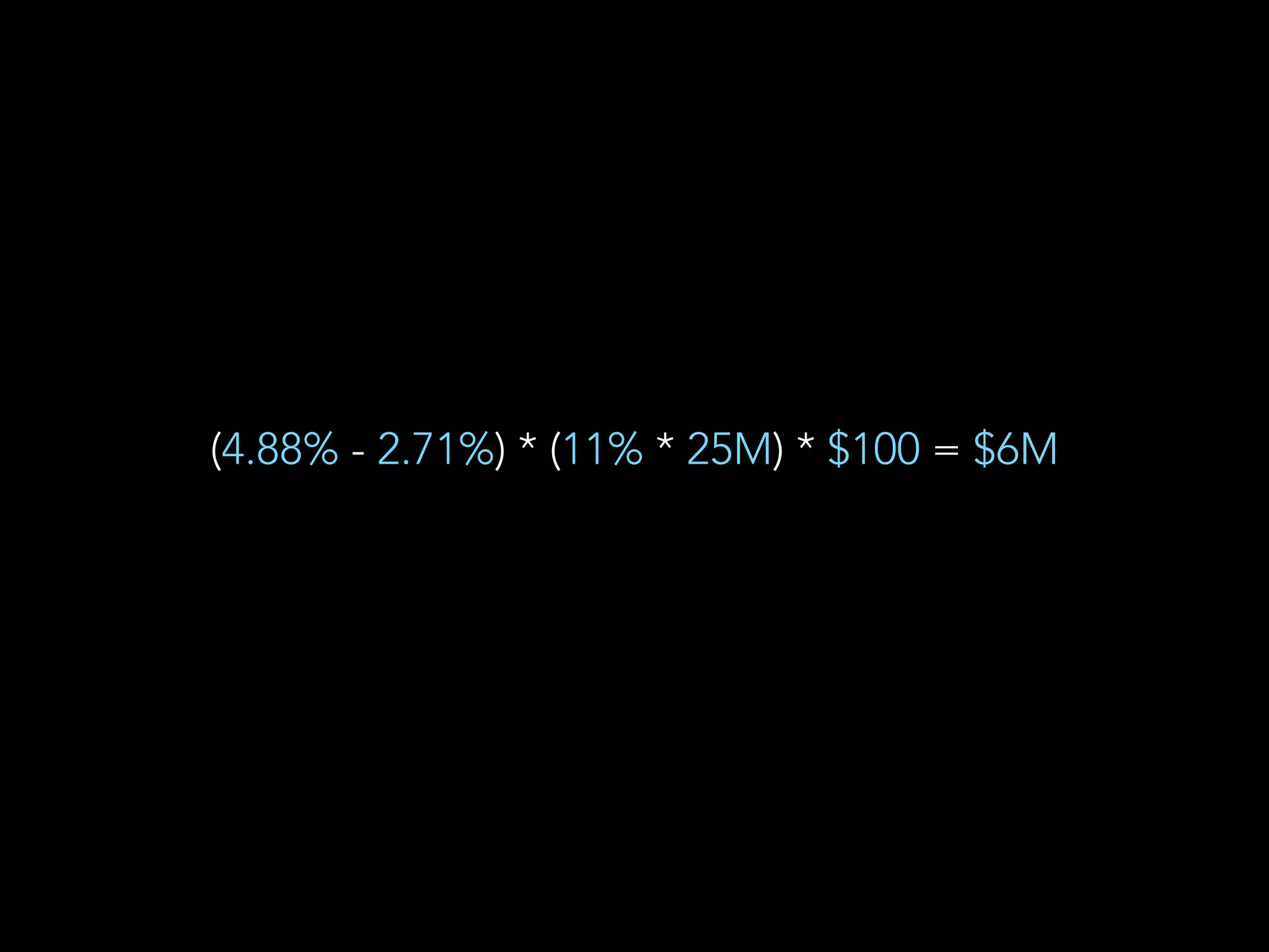 (4.88% - 2.71%) * (11% * 25M) * $100 = $6M
 