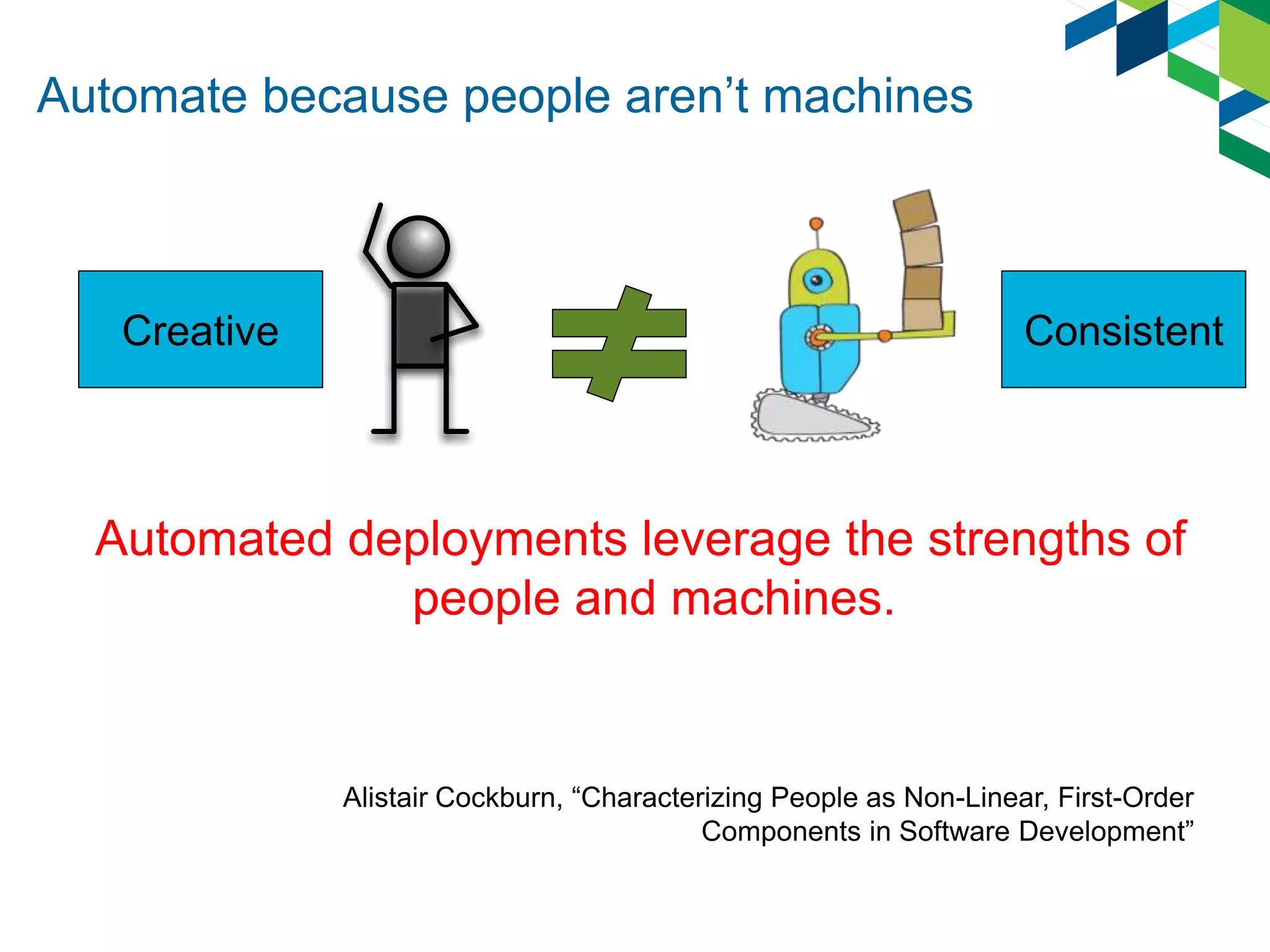 Automate because people aren’t machines
Automated deployments leverage the strengths of
people and machines.
Alistair Cockburn, “Characterizing People as Non-Linear, First-Order
Components in Software Development”
Creative Consistent
 