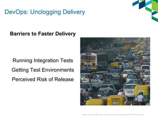 DevOps: Unclogging Delivery
Barriers to Faster Delivery
Running Integration Tests
Getting Test Environments
Perceived Risk of Release
Image credit: NOMAD http://www.flickr.com/photos/lingaraj/2415084235/sizes/l/
 
