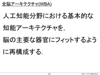 CONFIDENTIAL MATERIAL / RESTRICTED ACCESSCONFIDENTIAL MATERIAL / RESTRICTED ACCESS
全脳アーキテクチャ(WBA)
人工知能分野における基本的な
知能アーキテクチャを，
脳の主要な器官にフィットするよう
に再構成する．
17 全脳アーキテクチャ勉強会（第４回)
 