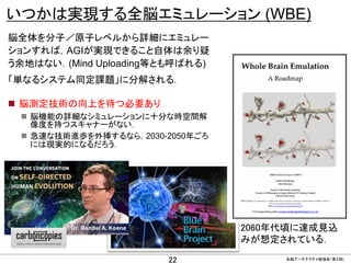 CONFIDENTIAL MATERIAL / RESTRICTED ACCESSCONFIDENTIAL MATERIAL / RESTRICTED ACCESS
いつかは実現する全脳エミュレーション (WBE)
2060年代頃に達成見込
みが想定されている．
脳全体を分子／原子レベルから詳細にエミュレー
ションすれば，AGIが実現できること自体は余り疑
う余地はない．(Mind Uploading等とも呼ばれる)
「単なるシステム同定課題」に分解される．
 脳測定技術の向上を待つ必要あり
 脳機能の詳細なシミュレーションに十分な時空間解
像度を持つスキャナーがない．
 急速な技術進歩を外挿するなら，2030-2050年ごろ
には現実的になるだろう．
全脳アーキテクチャ勉強会（第４回)
22
 