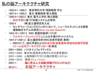 CONFIDENTIAL MATERIAL / RESTRICTED ACCESSCONFIDENTIAL MATERIAL / RESTRICTED ACCESS
私の脳アーキテクチャ研究
• 1983.4～ 1986.3 東京理科大学 理論物理 学士
• 1987.4～ 1989.3 東大 実験物理 修士課程
• 1989.4～1992.3 東大 電子工学科 博士課程
– 強化学習に基づく知能システムの研究
• 1992.4 (株)富士通研究所入社
– センサフュージョンプロジェクトにおいて、ニューラルネットによる感覚
運動融合モデルの研究(Auto encoder Network)
• 1994.10～1997.3 RWC 能動知能研（つくば)
– マルチエージェントシステムによる手渡ロボットシステム
• 1997.3～2001.3 富士通研究所(RWC自律学習研 兼務)
– RWCPにて、強化学習および状況分解(表象獲得)の認知距離学習器
(ゴール志向アーキテクチャの一種)研究
• 2001～2004: バイオインフォマティクス，
• 2005～2006: 集合知(直接民主制のための意見集約)
• 2007～2008: 人物情報クラウド(分散ID管理システム)
• 2009～2010: 環境ソリューション，
• 2007～： 脳に学ぶ人工知能(将棋プロジェクトなど)
• 2013～: 全脳アーキテクチャ
全脳アーキテクチャ勉強会（第４回)
2
 