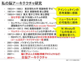 CONFIDENTIAL MATERIAL / RESTRICTED ACCESSCONFIDENTIAL MATERIAL / RESTRICTED ACCESS
私の脳アーキテクチャ研究
• 1983.4～ 1986.3 東京理科大学 理論物理 学士
• 1987.4～ 1989.3 東大 実験物理 修士課程
• 1989.4～1992.3 東大 電子工学科 博士課程
– 強化学習に基づく知能システムの研究
• 1992.4 (株)富士通研究所入社
– センサフュージョンプロジェクトにおいて、ニューラルネットによる感覚
運動融合モデルの研究(Auto encoder Network)
• 1994.10～1997.3 RWC 能動知能研（つくば)
– マルチエージェントシステムによる手渡ロボットシステム
• 1997.3～2001.3 富士通研究所(RWC自律学習研 兼務)
– RWCPにて、強化学習および状況分解(表象獲得)の認知距離学習器
(ゴール志向アーキテクチャの一種)研究
• 2001～2004: バイオインフォマティクス，
• 2005～2006: 集合知(直接民主制のための意見集約)
• 2007～2008: 人物情報クラウド(分散ID管理システム)
• 2009～2010: 環境ソリューション，
• 2007～： 脳に学ぶ人工知能(将棋プロジェクトなど)
• 2013～: 全脳アーキテクチャ
全脳アーキテクチャ勉強会（第４回)
3
アインシュタインの
思考実験に感銘
M. Minskyの
「心の社会」に
影響を受けた．
ニューラルネット
の可能性に期待
 