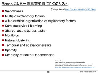 CONFIDENTIAL MATERIAL / RESTRICTED ACCESSCONFIDENTIAL MATERIAL / RESTRICTED ACCESS
Bengioによる一般事前知識(GPK)のリスト
 Smoothness
 Multiple explanatory factors
 A hierarchical organization of explanatory factors
 Semi-supervised learning
 Shared factors across tasks
 Manifolds
 Natural clustering
 Temporal and spatial coherence
 Sparsity
 Simplicity of Factor Dependencies
Yoshua Bengio,
Deep Learning of Representations: Looking Forward,
Statistical Language and Speech Processing,
Lecture Notes in Computer Science Volume 7978, 2013, pp 1-37
http://link.springer.com/chapter/10.1007%2F978-3-642-39593-2_1#
[Bengio 2013] http://arxiv.org/abs/1305.0445
40 全脳アーキテクチャ勉強会（第４回)
 