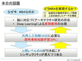 CONFIDENTIAL MATERIAL / RESTRICTED ACCESSCONFIDENTIAL MATERIAL / RESTRICTED ACCESS
本日の話題
43 全脳アーキテクチャ勉強会（第４回)
• 脳に対応づくアーキテクチャ研究の存在
• Deep Learningによる表現獲得の出現
汎用人工知能(AGI)に必要な
固有事前知識学習(SPL)
人間レベルのAIが引き起こす
シンギュラリティが見えつつある
なぜ今，WBAなのか ① 脳器官の機械学習として開発
② 上記を統合したアーキを構築
どうWBAを実現するか？
 
