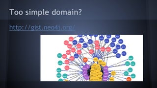 Too simple domain?
http://gist.neo4j.org/
 
