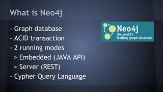 What is Neo4j
- Graph database
- ACID transaction
- 2 running modes
> Embedded (JAVA API)
> Server (REST)
- Cypher Query Language
 
