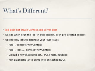 What’s Different?
• Job does not create Context, Job Server does
• Decide when I run the job: in own context, or in pre-created context
• Upload new jobs to diagnose your RDD issues:
• POST /contexts/newContext
• POST /jobs .... context=newContext
• Upload a new diagnostic jar... POST /jars/newDiag
• Run diagnostic jar to dump into on cached RDDs
 