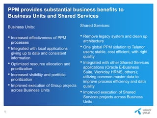 PPM provides substantial business benefits to
Business Units and Shared Services
Business Units:
• Increased effectiveness of PPM
processes
• Integrated with local applications
giving up to date and consistent
information
• Optimized resource allocation and
prioritization
• Increased visibility and portfolio
prioritization
• Improved execution of Group projects
across Business Units
Shared Services:
• Remove legacy system and clean up
architecture
• One global PPM solution to Telenor
users; stable, cost efficient, with right
quality
• Integrated with other Shared Services
applications (Oracle E-Business
Suite, Workday HRMS, others);
utilizing common master data to
improve process efficiency and data
quality
• Improved execution of Shared
Services projects across Business
Units
12
 
