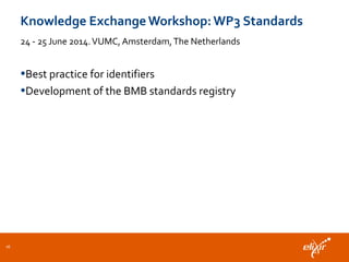 Knowledge ExchangeWorkshop:WP3 Standards
24 - 25 June 2014.VUMC, Amsterdam,The Netherlands
•Best practice for identifiers
•Development of the BMB standards registry
26
 