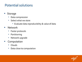 Potential solutions
• Storage
• Data compression
• Select what we store
• Evaluate data reproducibility & value of data
• Network
• Faster protocols
• Partitioning
• Network upgrade
• Computation
• Clouds
• Data close to computation
 