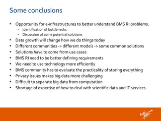 Some conclusions
• Opportunity for e-infrastructures to better understand BMS RI problems.
• Identification of bottlenecks
• Discussion of some potential solutions
• Data growth will change how we do things today
• Different communities -> different models -> some common solutions
• Solutions have to come from use cases
• BMS RI need to be better defining requirements
• We need to use technology more efficiently
• BMS community has to evaluate the practicality of storing everything
• Privacy issues makes big data more challenging
• Difficult to separate big data from computation
• Shortage of expertise of how to deal with scientific data and IT services
 