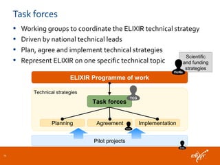 • Working groups to coordinate the ELIXIR technical strategy
• Driven by national technical leads
• Plan, agree and implement technical strategies
• Represent ELIXIR on one specific technical topic
Task forces
15
Scientific
and funding
strategies
ELIXIR Programme of work
Task forces
Planning Agreement Implementation
Technical strategies
Pilot projects
HoNs
HoNs
HoNs
TCG
 