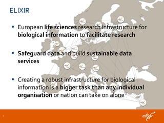 ELIXIR
• European life sciences research infrastructure for
biological information to facilitate research
• Safeguard data and build sustainable data
services
• Creating a robust infrastructure for biological
information is a bigger task than any individual
organisation or nation can take on alone
2
 