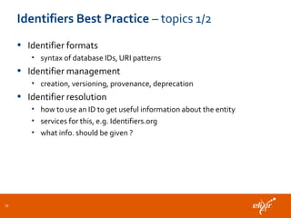 Identifiers Best Practice – topics 1/2
• Identifier formats
• syntax of database IDs, URI patterns
• Identifier management
• creation, versioning, provenance, deprecation
• Identifier resolution
• how to use an ID to get useful information about the entity
• services for this, e.g. Identifiers.org
• what info. should be given ?
39
 