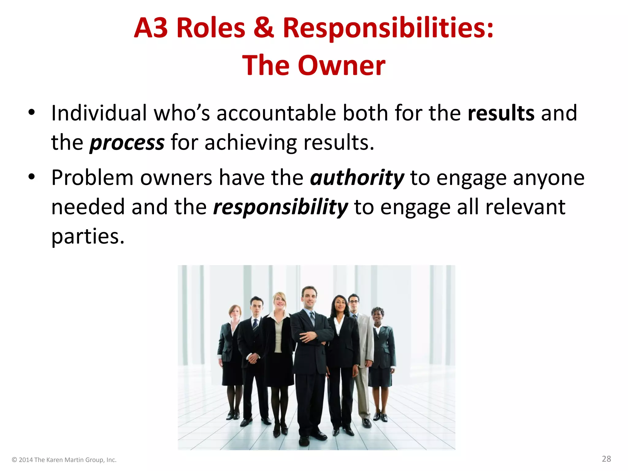 © 2014 The Karen Martin Group, Inc. 28
A3 Roles & Responsibilities:
The Owner
• Individual who’s accountable both for the results and
the process for achieving results.
• Problem owners have the authority to engage anyone
needed and the responsibility to engage all relevant
parties.
 
