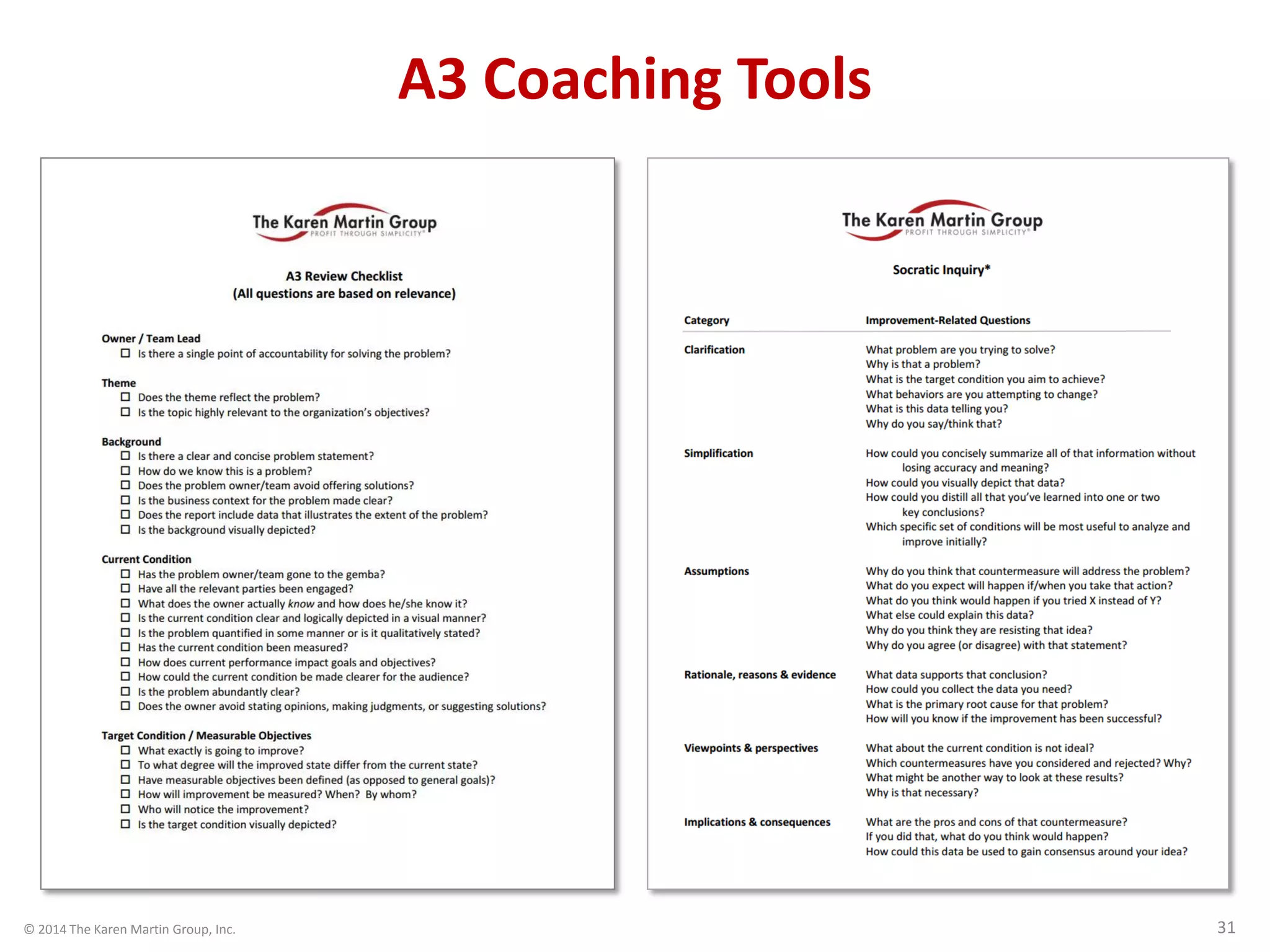 © 2014 The Karen Martin Group, Inc. 31
A3 Coaching Tools
 