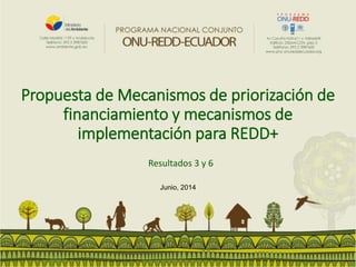 Propuesta de Mecanismos de priorización de
financiamiento y mecanismos de
implementación para REDD+
1
Resultados 3 y 6
Junio, 2014
 