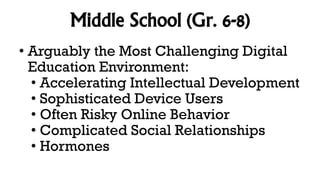 Middle School (Gr. 6-8)
• Arguably the Most Challenging Digital
Education Environment:
• Accelerating Intellectual Development
• Sophisticated Device Users
• Often Risky Online Behavior
• Complicated Social Relationships
• Hormones
 
