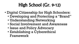 High School (Gr. 9-12)
• Digital Citizenship for High Schoolers:
• Developing and Protecting a “Brand”
• Understanding Networking
• Social Involvement and Awareness
• Issue and Policy Advocacy
• Establishing a Cyberethical
Framework
 