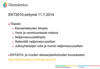 EKT2010-siirtymä 11.7.2014
 Tilastot:
 Kansantalouden tilinpito
 Verot ja veronluonteiset maksut
 Neljännesvuositilinpito
 Sektoritilit neljännesvuosittain
 Julkisyhteisöjen tulot ja menot neljännesvuosittain
 EKT2010- ja muiden aikasarjatarkistusten kuvaukseen:
http://tilastokeskus.fi/til/vtp/uut.html
11.7.2014EKT2010 Tiedotustilaisuus
 