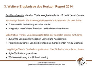 6
Kurzfristige Trends: Veränderungsfaktoren der nächsten ein bis zwei Jahre
 Zunehmende Verbreitung sozialer Medien
 Integration von Online-. Blended- und kollaborativen Lernen
Mittelfristige Trends: Veränderungsfaktoren der nächsten drei bis fünf Jahre
 Zunahme von datengetriebenen Lernen und Assessment
 Paradigmenwechsel von Studierenden als Konsumenten hin zu Machern
Langfristige Trends: Veränderungsfaktoren über fünf oder mehr Jahre hinaus
 Agile Veränderungsansätze
 Weiterentwicklung von Online-Learning
Schlüsseltrends, die den Technologieeinsatz in HS befördern können:
3. Weitere Ergebnisse des Horizon Report 2014
Quelle: Horizon Report 2014
(www.mmkh.de/newsmaterial/materialdownloads.html)
 