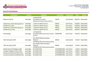 Casa de la Cultura “José Saramago” 
C/ Cardenal Tabera y Araoz, s/n – 02008- Albacete 
Tlf. 967-213592 / Fax. 967-218199 
www.upalbacete.es 
AULA DE NATURALEZA 
ACTIVIDAD CENTRO HORARIO DURACIÓN FORMADOR TASAS PLAZAS 
Botánica Popular Saramago 
X 18:00-20:00 
M, salidas en octubre, 
alternas de marzo a junio 16:15 h. 
ANUAL José Fajardo 186,50 € Disponibles 
Senderismo y Naturaleza (grupo II) Saramago L alternos salidas 16:15 h. ANUAL Juan Picazo 156,00 € Disponibles 
Senderismo y Aves Saramago X alternos salidas 16:15 h. ANUAL Juan Picazo 156,00 € Disponibles 
Senderismo y Naturaleza (grupo I) Saramago L alternos salidas 16:15 h. ANUAL Juan Picazo 156,00 € Disponibles 
Senderismo y Fauna Saramago X alternos salidas 16:15 h. ANUAL Juan Picazo 156,00 € Disponibles 
Etnobiología Saramago 
L 18:00-20:00 
M, salidas alternas de marzo a junio 
16:15 h. 
SEMESTRAL Juan Picazo 141,00 € Disponibles 
Taller de Esparto (NF) Saramago 
M-J 18:00-20:00 (noviembre-febrero) 
X 20:00-22:00 Tutoría (marzo-junio) 
ANUAL José Fajardo 91,50 € Disponibles 
Taller de Esparto (NF) Saramago 
M-J 20:00-22:00 (noviembre-febrero) 
X 20:00-22:00 Tutoría (marzo-junio) 
ANUAL José Fajardo 91,50 € Disponibles 
Diseño Rutas Ornitológicas (OE) Saramago M 17:00-19:00 CUATRIMESTRAL Juan Picazo 71,00 € Disponibles 
El Hogar Ecológico Práctico (OE) Saramago M 19:00-21:00 CUATRIMESTRAL Juan Picazo 66,00 € Disponibles 
Educación Ambiental Práctica (FJ) Saramago M 17:00-19:00 CUATRIMESTRAL Juan Picazo 71,00 € Disponibles 
Las Aves Acuáticas de Albacete (FJ) Saramago M 19:00-21:00 CUATRIMESTRAL Juan Picazo 71,00 € Disponibles 
 