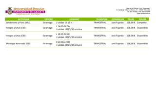 Casa de la Cultura “José Saramago” 
C/ Cardenal Tabera y Araoz, s/n – 02008- Albacete 
Tlf. 967-213592 / Fax. 967-218199 
www.upalbacete.es 
ACTIVIDAD CENTRO HORARIO DURACIÓN FORMADOR TASAS PLAZAS 
Senderismo y Flora (MzJ) Saramago J salidas 16:15 h. TRIMESTRAL José Fajardo 156,00 € Completo 
Hongos y Setas (OD) Saramago 
L 16:00-18:00 
J salidas 16/23/30 octubre 
TRIMESTRAL José Fajardo 106,00 € Disponibles 
Hongos y Setas (OD) Saramago 
L 18:00-20:00 
J salidas 16/23/30 octubre 
TRIMESTRAL José Fajardo 106,00 € Disponibles 
Micología Avanzada (OD) Saramago 
X 20:00-22:00 
J salidas 16/23/30 octubre 
TRIMESTRAL José Fajardo 106,00 € Disponibles 
 