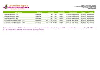 Casa de la Cultura “José Saramago” 
C/ Cardenal Tabera y Araoz, s/n – 02008- Albacete 
Tlf. 967-213592 / Fax. 967-218199 
www.upalbacete.es 
ACTIVIDAD CENTRO HORARIO DURACIÓN FORMADOR TASAS PLAZAS 
Taller de Memoria (OD) Ensanche LX 11:30-13:00 BREVE Francisca Mogorrón 30,00 € Disponibles 
Taller de Memoria (EMz) Ensanche LX 11:30-13:00 BREVE Francisca Mogorrón 30,00 € Disponibles 
Taller de Memoria (AJ) Ensanche LX 11:30-13:00 BREVE Francisca Mogorrón 30,00 € Disponibles 
Educación de las Emociones (OD) Saramago MJ 18:00-20:00 BREVE Manuel de la Rosa 40,00 € Disponibles 
Educación de las Emociones (FMz) Saramago MJ 18:00-20:00 BREVE Manuel de la Rosa 40,00 € Disponibles 
Se impartirán cursos de ELE (Español como Lengua Extranjera) en los diferentes niveles que establece el Instituto Cervantes: A.1, A.2, B.1, B.2, C.1 y 
C.2. En función de la demanda se establecerán grupos y horarios. 
 