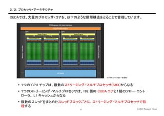 © 2014 Masayuki Takagi-7-
２．２．プロセッサ・アーキテクチャ
CUDAでは、大量のプロセッサ・コアを、以下のような階層構造をとることで管理しています。
 １つの GPU チップは、複数のストリーミング・マルチプロセッサ(SMX)からなる
 １つのストリーミング・マルチプロセッサは、192 個の CUDA コアと１組のフロー・コント
ローラ、 L1 キャッシュからなる
 複数のスレッドをまとめたスレッドブロックごとに、ストリーミング・マルチプロセッサで処
理する
GTX 680 ブロック図（一部省略）
 
