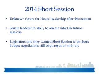 2014 Short Session
• Unknown future for House leadership after this session
• Senate leadership likely to remain intact in future
sessions
• Legislators said they wanted Short Session to be short;
budget negotiations still ongoing as of mid-July
14
 