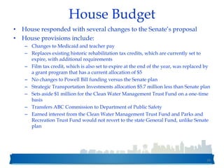 House Budget
• House responded with several changes to the Senate’s proposal
• House provisions include:
– Changes to Medicaid and teacher pay
– Replaces existing historic rehabilitation tax credits, which are currently set to
expire, with additional requirements
– Film tax credit, which is also set to expire at the end of the year, was replaced by
a grant program that has a current allocation of $5
– No changes to Powell Bill funding versus the Senate plan
– Strategic Transportation Investments allocation $5.7 million less than Senate plan
– Sets aside $1 million for the Clean Water Management Trust Fund on a one-time
basis
– Transfers ABC Commission to Department of Public Safety
– Earned interest from the Clean Water Management Trust Fund and Parks and
Recreation Trust Fund would not revert to the state General Fund, unlike Senate
plan
39
 
