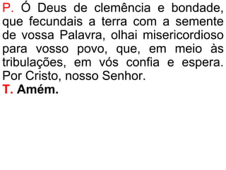 P. Ó Deus de clemência e bondade,
que fecundais a terra com a semente
de vossa Palavra, olhai misericordioso
para vosso povo, que, em meio às
tribulações, em vós confia e espera.
Por Cristo, nosso Senhor.
T. Amém.
 