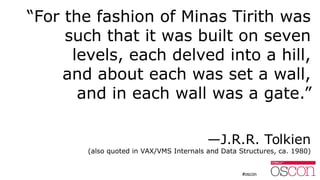“For the fashion of Minas Tirith was
such that it was built on seven
levels, each delved into a hill,
and about each was set a wall,
and in each wall was a gate.”
—J.R.R. Tolkien
(also quoted in VAX/VMS Internals and Data Structures, ca. 1980)
 