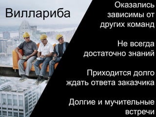 Виллариба
Оказались
зависимы от
других команд
Не всегда
достаточно знаний
Приходится долго
ждать ответа заказчика
Долгие и мучительные
встречи
 