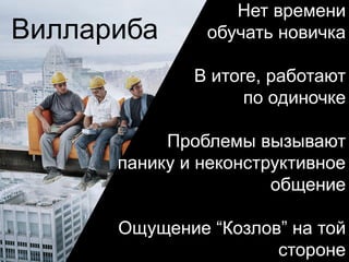 Виллариба
Нет времени
обучать новичка
В итоге, работают
по одиночке
Проблемы вызывают
панику и неконструктивное
общение
Ощущение “Козлов” на той
стороне
 